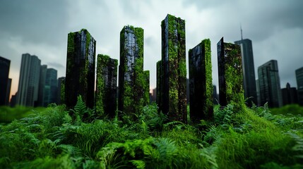 Fototapeta premium Moss-covered stone structure surrounded by lush greenery and urban skyline.