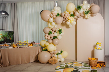 Photo zone with arch, balloons, flowers, lemons and candy bar on party