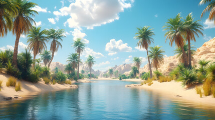 Obraz premium A highly detailed photography showcasing a desert oasis with lush palm trees and shimmering water, surrounded by endless dunes, creating a striking contrast between arid and lush life.