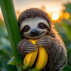 Fototapeta premium A cute sloth holding bananas against a beautiful sunset background.