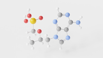 Tenofovir molecule 3d, molecular structure, ball and stick model, structural chemical formula antiviral compound
