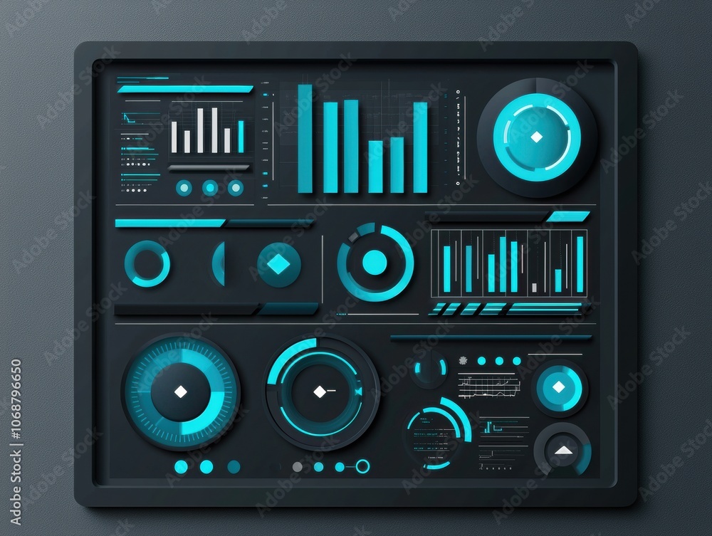 Poster a sleek digital dashboard displaying various data visualizations in blue hues, showcasing graphs, ga