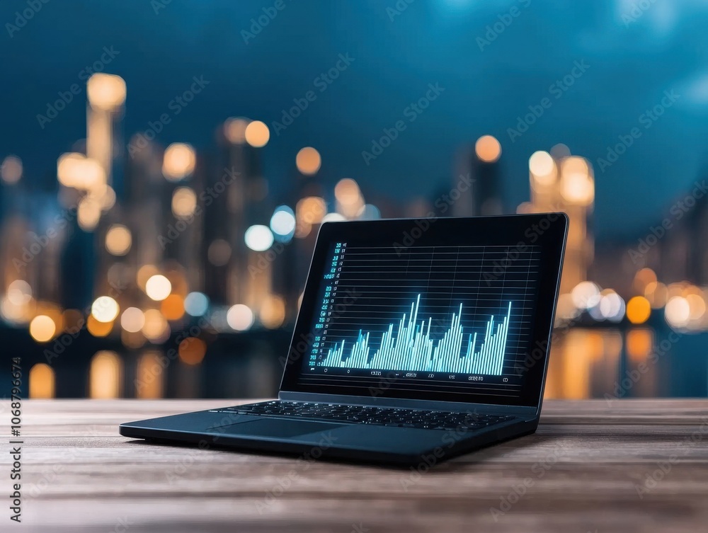 Aufkleber a laptop displaying data analytics with a city skyline in the background at night.