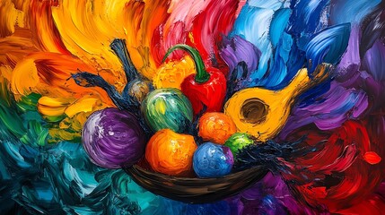 Vibrant mixed fruit bowl with colorful background art.