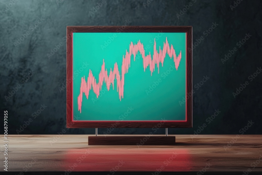 Poster a digital screen displays a financial graph with a green background and fluctuating red lines, symbo