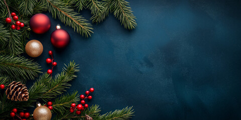 Dark background with pine branches, red and gold ornaments, and berries for a festive, traditional Christmas setup with copy space