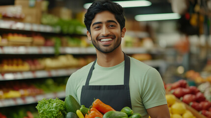 Beautiful Indian girl And Handsome Indian man, supermarket employee in the vegetable and fruit section, beautiful smile, bright, vegan, vegetarian 