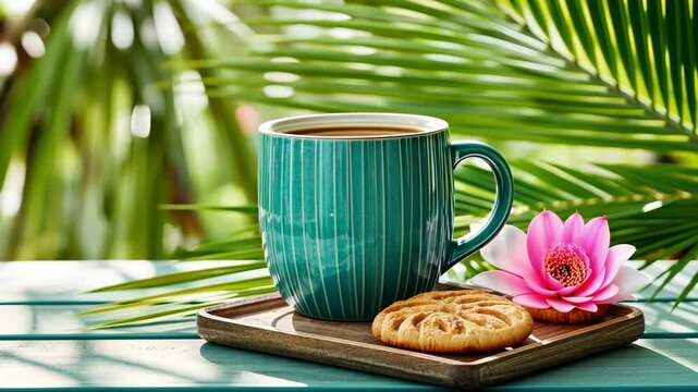 Cozy cafe table setting with mockup for menu or promotions and coffee and pastry