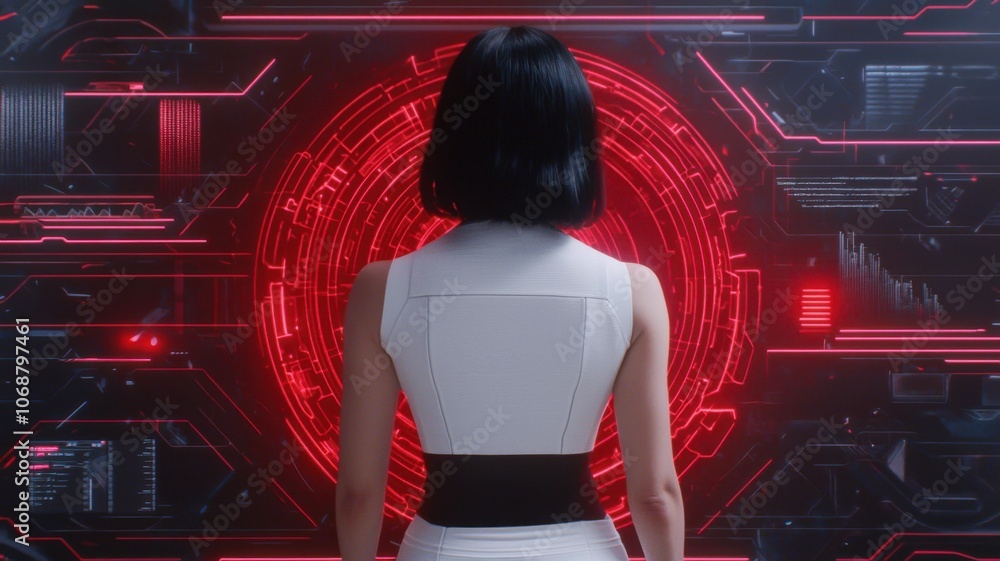 Poster a figure in a sleek white outfit stands before a glowing red control interface, surrounded by digita