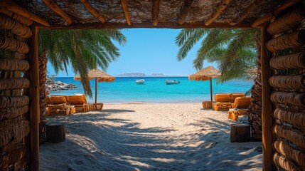 Fototapeta premium View of a tropical beach through a wooden doorway.
