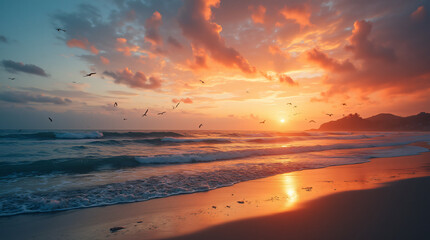 Fototapeta premium A Peaceful Beach Scene With Gentle Waves, Seagulls, and a Colorful Sunset Captured With a Wide-Angle Lens, Using Warm and Vibrant Film to Create a Serene and Inviting Atmosphere