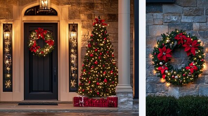 Christmas tree ornaments, lights, wreaths, and seasonal decorations.  