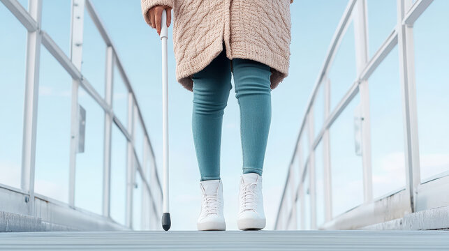 Blind woman walking  with white cane on the bridge