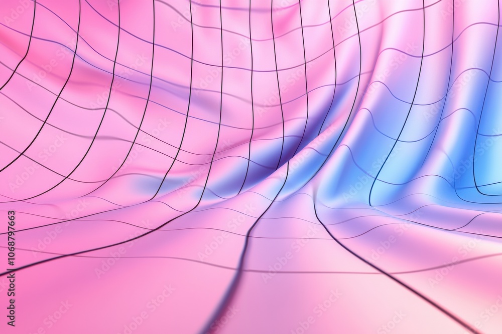 Poster a smooth, flowing surface with a gradient of pink and blue tones, overlaid with a grid pattern, crea
