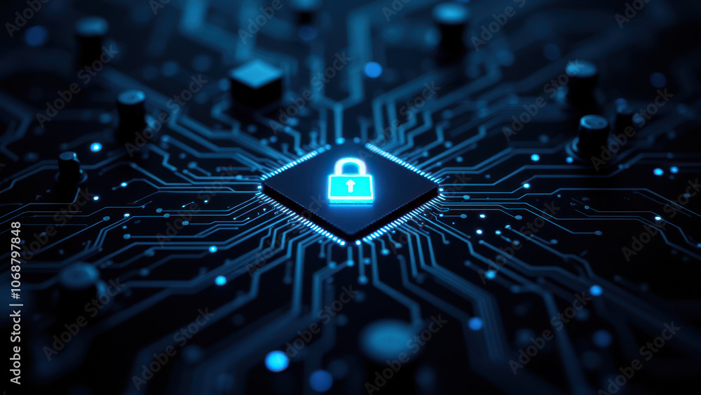 Poster this image depicts a stylized graphic of a lock, representing cybersecurity protection, situated wit