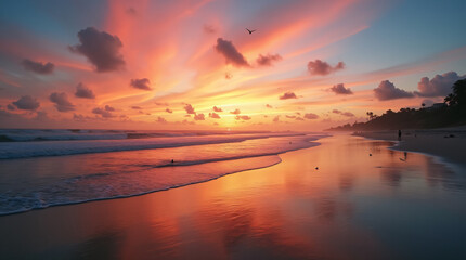 Fototapeta premium A Peaceful Beach Scene With Gentle Waves, Seagulls, and a Colorful Sunset Captured With a Wide-Angle Lens, Using Warm and Vibrant Film to Create a Serene and Inviting Atmosphere
