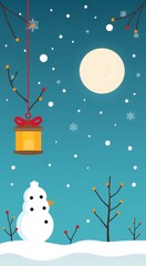 Snowman with a lantern hanging from a tree branch, and a full moon in the sky.