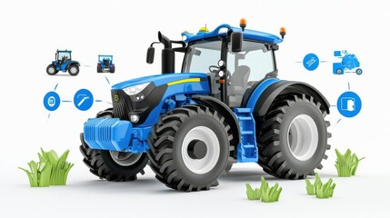 Obraz premium Blue tractor, white isolate background, modern agricultural vehicle.