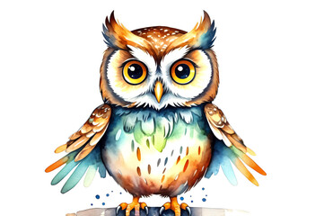 Watercolor cartoon owl on a white background
