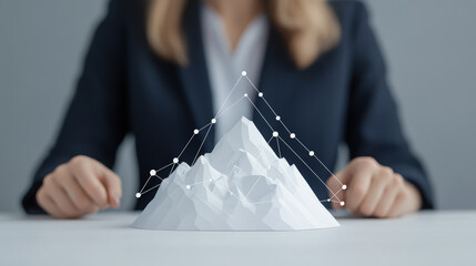 Businesswoman scaling a digital mountain, representing overcoming obstacles and motivation