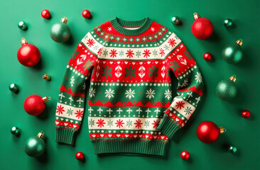 A cozy holiday sweater with vibrant patterns rests amidst red and green ornaments ready for the festive season