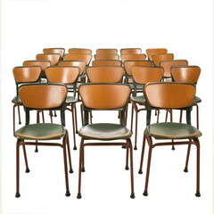 High school exam room with orderly rows of chairs, retro classroom setup, isolated on white background