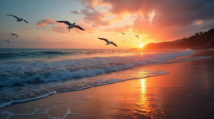 A Peaceful Beach Scene With Gentle Waves, Seagulls, and a Colorful Sunset Captured With a Wide-Angle Lens, Using Warm and Vibrant Film to Create a Serene and Inviting Atmosphere