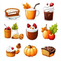 Colorful assortment of autumn desserts and beverages on white isolate background.