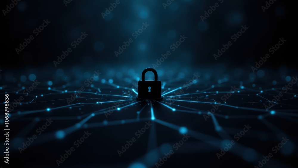 Poster a digital lock in front of a network, symbolizing cybersecurity.