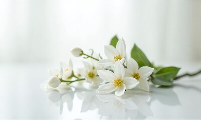 Delicate white jasmine flowers Reflective surface Minimalist composition