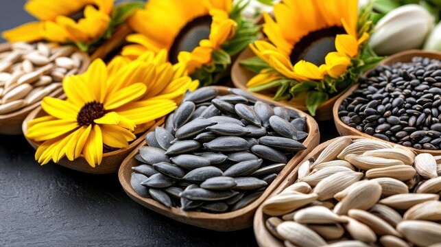 Variety of seeds in bowls with blooming sunflowers on a dark background.
