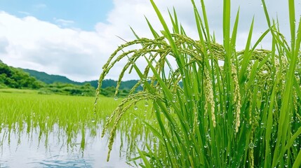 Obraz premium Lush green rice plants growing by a serene waterlogged field under a blue sky.