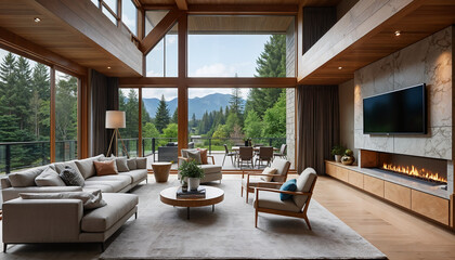 The interior of a luxurious house in a modern style in the Pacific Northwest with an open spacious layout and large floor-to-ceiling windows, a cozy living room in a minimalist style with upholstered 