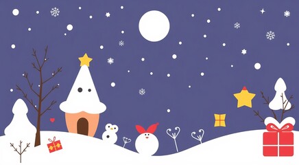 A winter wonderland scene with snow-covered trees, a snowman, and presents.