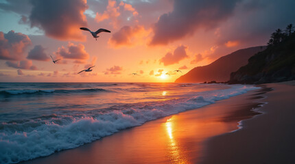 Obraz premium A Peaceful Beach Scene With Gentle Waves, Seagulls, and a Colorful Sunset Captured With a Wide-Angle Lens, Using Warm and Vibrant Film to Create a Serene and Inviting Atmosphere