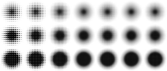 Halftone Gradient Circle set in Black and White Pop art comic style. Vector illustrations isolated on white background