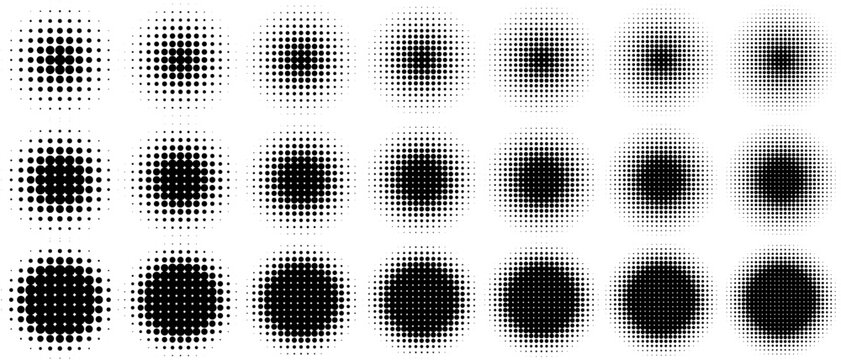 Halftone Gradient Circle set in Black and White Pop art comic style. Vector illustrations isolated on white background