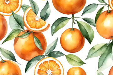 White background with painted orange watercolor oranges and slices. Pattern