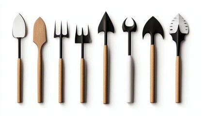 Gardening tools on a white isolated background for planting and cultivation.