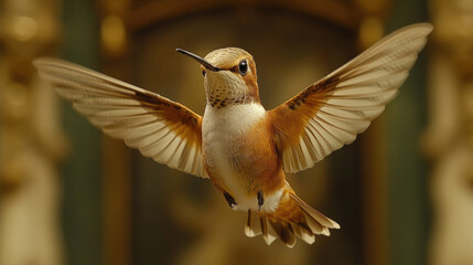 Fototapeta premium A small hummingbird flits effortlessly among flowers, its iridescent feathers glinting in the sunlight during a vibrant summer day