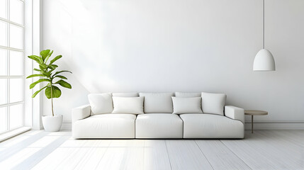 Fototapeta premium Elegant Minimalist Living Room with Neutral Tones, Clean Lines, and a Sleek White Sofa to Create a Spacious, Calming Environment. 3d render design.