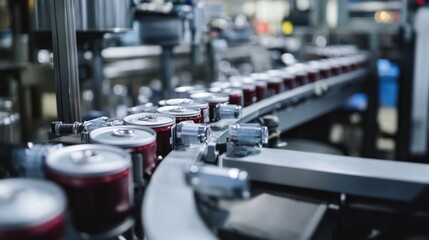 Naklejka premium Conveyor Belt Filled with Cans in Factory