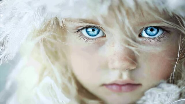 Close-up of young face of albino girl with blue eyes and white eyelashes