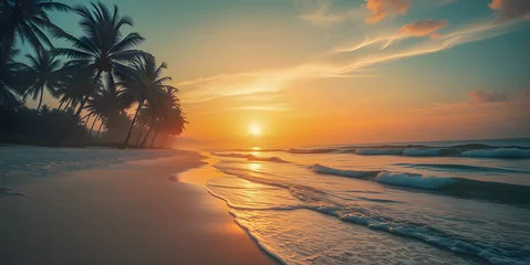 Foto op Canvas Island palm tree sea sand beach. Panoramic shore landscape. Inspire tropical coast seascape horizon. Orange golden sunset sky calmness tranquil relax summer mood. Vacation travel tourism. Generated Ai © icemanphotos