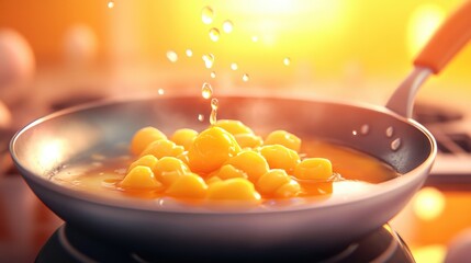 Close up of golden scrambled eggs frying in oil in a skillet perfect for breakfast or cooking demonstrations