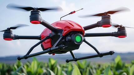 Red drone flying over green agricultural field with blue sky background