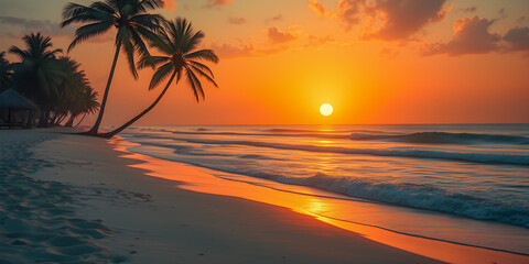 Island palm tree sea sand beach. Panoramic shore landscape. Inspire tropical coast seascape horizon. Orange golden sunset sky calmness tranquil relax summer mood. Vacation travel tourism. Generated Ai