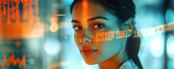Digital Composite of Businesswoman with Financial Data Overlay