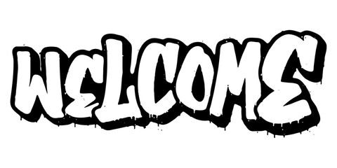 Word ‘Welcome’ written in retro three-dimensional graffiti style with dripping paint effect © HTGanzo