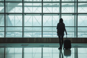 Fototapeta premium Woman with a backpack waiting near large airport windows with a suitcase